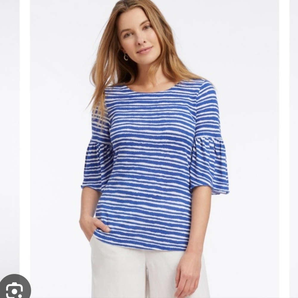 NIC+ZOE Blue and White Stripe Bell Sleeve Top